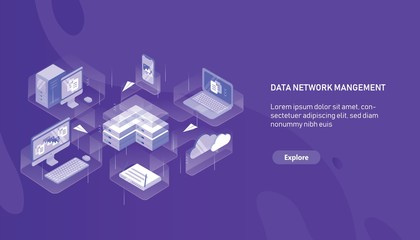 Modern horizontal web banner template with computer, laptop, smartphone, server, router and paper planes flying between them. Data network management. Modern colorful isometric vector illustration.