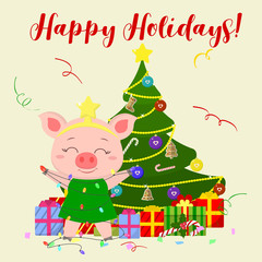 Happy New Year and Merry Christmas greeting card. A cute pig in a Christmas tree costume is standing next to the Christmas tree. The symbol of the new year in the Chinese calendar. 2019. Vector