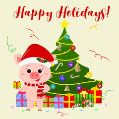 Happy New Year and  Christmas  Card. A cute pig wearing a Santa Claus hat and scarf is standing next to a tree and holding a gift. The symbol of the new year in the Chinese calendar. 2019. Vector