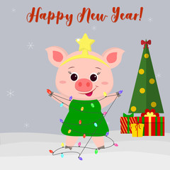 Happy New Year and Merry Christmas greeting card. Cute pig in a suit of the Christmas tree. Christmas tree, gifts and snowflakes. The symbol of the new year in the Chinese calendar. 2019. Vector