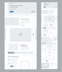 One page website design template for business. Landing page wireframe Digital Web. Flat modern responsive design. Ux ui website: hosting, video, technology, gallery, testimonials, prices, contact us.