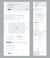 Fotobehang One page website design template for business. Landing page wireframe Digital Web. Flat modern responsive design. Ux ui website: hosting, video, technology, gallery, testimonials, prices, contact us. © vanderon