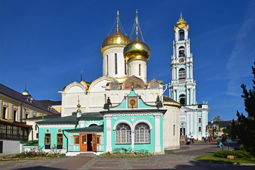 The Trinity Cathedral was the first stone structure in the Trinity-Sergius Lavra and was built in 1422 by Serbian monks. Russia, Sergiev Posad, September 2018.
