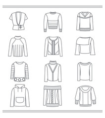 Set of contours of sweaters for women and girls, autumn and winter models, isolated on white background