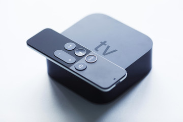 Remote control devices concept. Set of controller and micro console for TV watching and online...