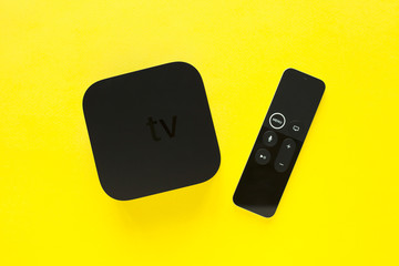 Remote control devices concept. Set of controller and micro console for TV watching and online streaming. Top view. Space for a text. Close up.