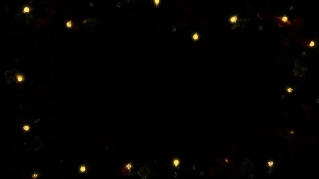 Looping overhead decoration frame on black background with yellow gold blinking lights.Text or logo copy space.Vertical top view loop.Xmas holiday season social card.4k video
