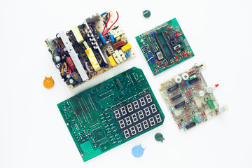 Microprocessor concept. Set of drivers, diodes, capacitors, inductance and other micro electronics...