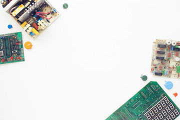 Microprocessor concept. Set of drivers, diodes, capacitors, inductance and other micro electronics...