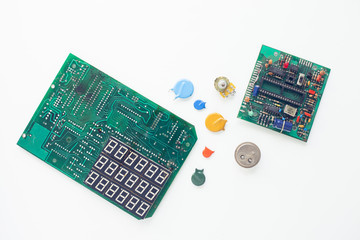 Microprocessor concept. Set of drivers, diodes, capacitors, inductance and other micro electronics...