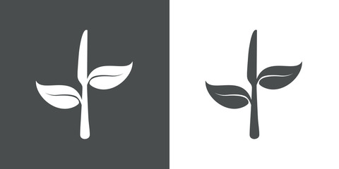 Logotipo cuchillo con hojas en gris y blanco