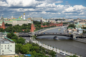 Panoramic top view of the Moscow river and the Kremlin