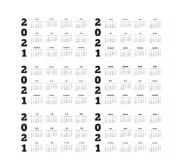 Set of 2021 year simple calendars on different languages like english, german, russian, french, spanish and chinese isolated on white