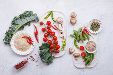 Plant based raw food vegan vegetables sliced overhead 