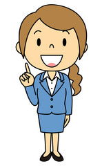 女性　OL　事務員　ご案内　人差し指をさす　立ち姿　紺色のスーツ