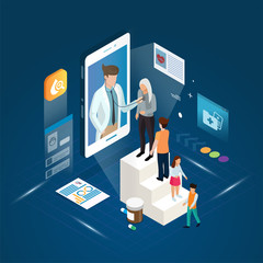 The professional doctor and queued patient meeting diagnosis online treatment on a smartphone concept.