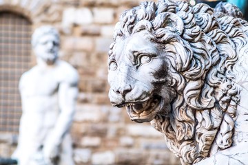 Lion of Loggia dei Lanzi in Piazza della Signoria in Florence. Statue of Flaminio Vacca 1600