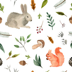 watercolor hand painted animals - squirrel and rabbit. forest team seamless pattern on a white background