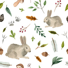 watercolor hand painted animals - rabbit. forest team seamless pattern on a white background