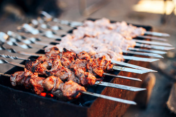 Raw shish kebab on skewers ready for cooking on grill