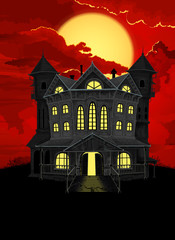 Halloween background. Haunted house with lighted windows,  on the sky big full moon behind blood red clouds.