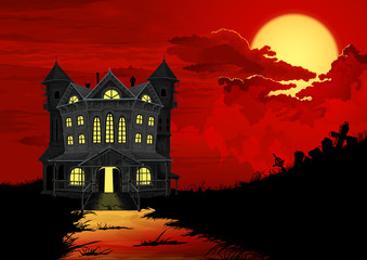 Halloween background. Haunted house with lighted windows, on right side silhouette of graveyard. On the sky big full moon behind blood red clouds.