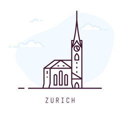 Zurich city line style illustration. Famous Fraumunster in Zurich, Switzerland. Swiss architecture city symbol of Switzerland. Outline building vector illustration. Travel and tourism banner.