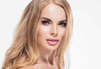 Fototapeta premium Blonde woman beautifu; eyes and makeup cosmetic concept beauty lips and hairstyle