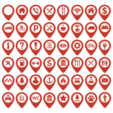 Map pin location icons set on white background.