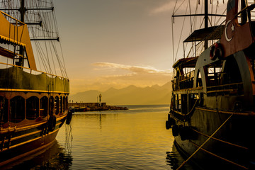 The boats in the marine of the city in Antalya