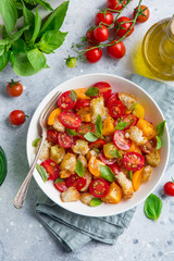 panzanella, traditional italian tomato and bread salad in white bowl