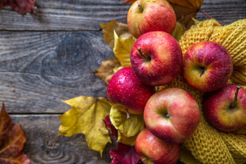 Naklejka na ściany i meble red apples autumn leaves on wooden background