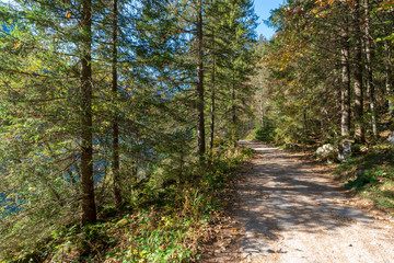 Fototapeta premium Gosausee bei Sonnenuntergang mit bunten Laubbäumen und Herbstblättern, an einem wunderschönen Herbsttag