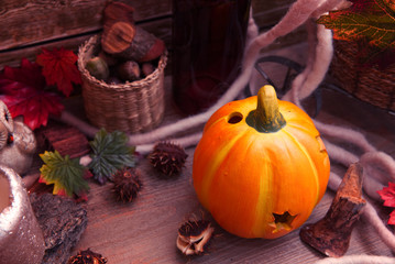 Pumpkins , vegetables and autumn leaves on wooden table . Autumn background. Thanksgiving Day concept.