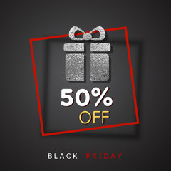 50 off discount sale poster on black background. Vector offer with shiny foil silver gift and red frame. Fifty percent promo banner for Black Friday design.