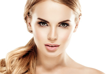 Beautiful eyes lashes woman with blonde hair beautiful and healthy skin woman