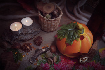 Pumpkins , vegetables and autumn leaves on wooden table . Autumn background. Thanksgiving Day concept.