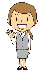 女性　OL　事務員　OKポーズ　立ち姿　グレーの制服