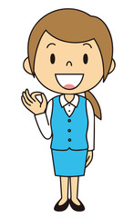 女性　OL　事務員　OKポーズ　立ち姿　水色の制服