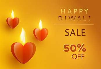 Diwali offer with glowing paper hearts. 50 off discount sale poster on yellow background. Vector promo banner.