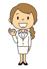 女性　OL　事務員　OKポーズ　立ち姿　白のスーツ