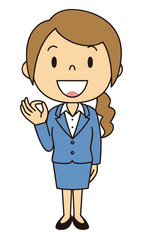 女性　OL　事務員　OKポーズ　立ち姿　紺色のスーツ