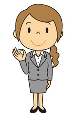 女性　OL　事務員　OKポーズ　立ち姿　グレーのスーツ