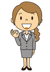 女性　OL　事務員　OKポーズ　立ち姿　グレーのスーツ