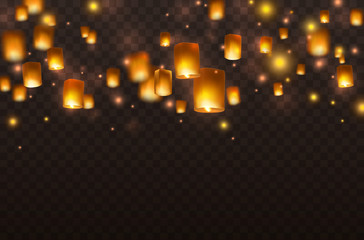 Lanterns isolated on transparent background. Diwali festival floating lamps. Vector indian paper flying lights with flame at night sky. - obrazy, fototapety, plakaty