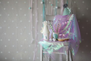 Girl's birthday decoration set on a chair