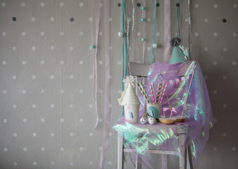 Girl's birthday decoration set on a chair