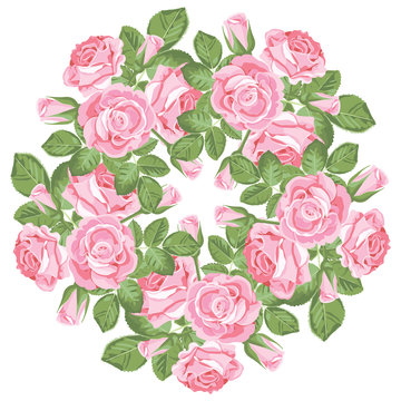 Floral round pattern on white background. Realistic pink roses