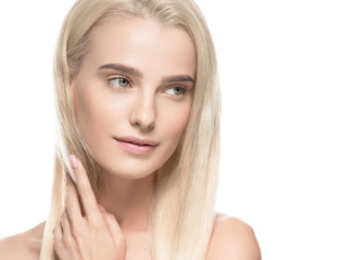 Fototapeta premium Beautiful blonde girl portrait, woman face with perfect long hairstyle.