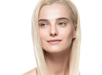 Beautiful blonde girl portrait, woman face with perfect long hairstyle.